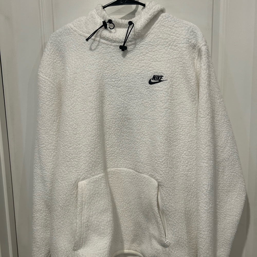Nike White Sherpa Hoodie with Black Logo